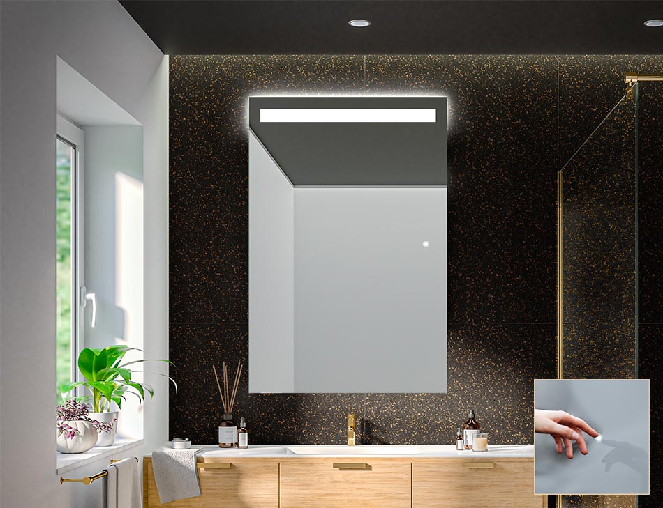 Na życzenie klienta nasze podświetlane lustra mogą zostać wyposażone w jeden z wielu włączników oświetlenia: