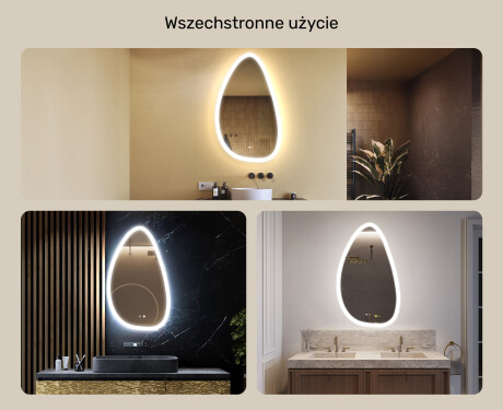Lustro nieregularne z podświetleniem, 64×104 cm, Dual color, włącznik dotykowy, mata grzewcza #2