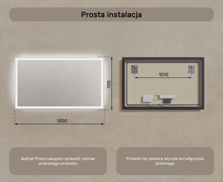 Prostokątne Lustro Łazienkowe Podświetlane 120x70cm z zimną barwą LED 7000K, ciepłą barwą 3000K lub barwą neutralną 4500K #7