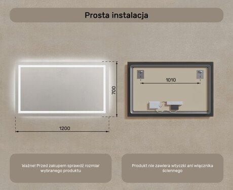 Prostokątne Lustro Łazienkowe Podświetlane 120x70cm z zimną barwą LED 7000K, ciepłą barwą 3000K lub barwą neutralną 4500K #7