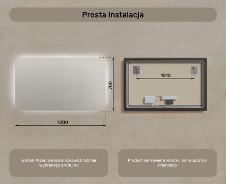 Prostokątne Lustro Łazienkowe Podświetlane 120x70cm z zimną barwą LED 7000K, ciepłą barwą 3000K lub barwą neutralną 4500K #7