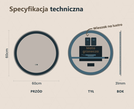 Okrągłe Lustro Łazienkowe Podświetlane 60cm z Dual color, Włącznik dotykowy, Mata grzewcza - L76 #6