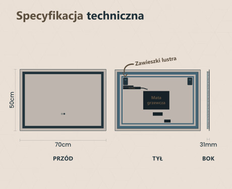 Lustro Łazienkowe Podświetlane 70x50cm z Dual color, Włącznik dotykowy, Mata grzewcza - L49 #6