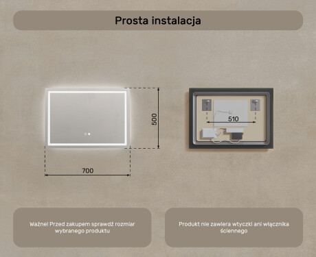 Lustro Łazienkowe Podświetlane 70x50cm z Dual color, Włącznik dotykowy, Mata grzewcza - L49 #8