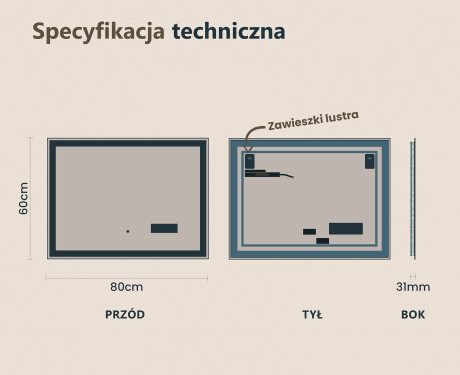 Prostokątne Lustro Łazienkowe Podświetlane 80x60cm z Dual color, Włącznik dotykowy, Stacja - L01 #6