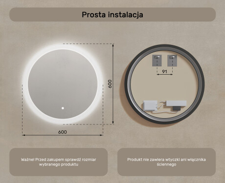 Okrągłe lustro łazienkowe podświetlane ledowo 60cm z Dual color, Włącznik dotykowy #7