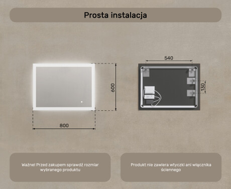 Prostokątne lustro do łazienki z oświetleniem LED 80x60cm z Dual color, Włącznik dotykowy #7
