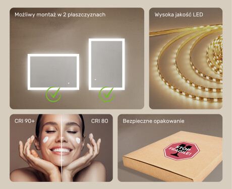 Prostokątne lustro do łazienki podświetlane LED 100x70cm z Dual color, Włącznik dotykowy #5
