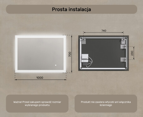 Prostokątne lustro do łazienki podświetlane LED 100x70cm z Dual color, Włącznik dotykowy #7