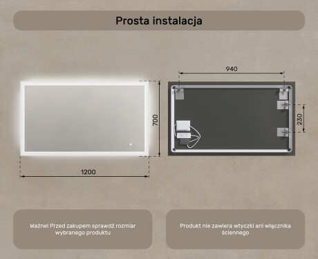 Lustro łazienkowe prostokątne z oświetleniem LED 120x70cm z Dual color, Włącznik dotykowy #7