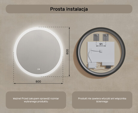Lustro łazienkowe okrągłe z oświetleniem LED 80cm z Dual color, Włącznik dotykowy, Mata grzewcza #8