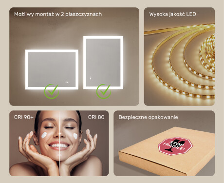 Prostokątne lustro łazienkowe LED 80x60cm z Dual color, Włącznik dotykowy, Mata grzewcza #6