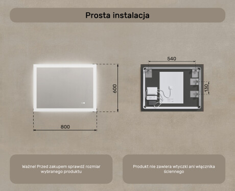 Prostokątne lustro łazienkowe LED 80x60cm z Dual color, Włącznik dotykowy, Mata grzewcza #8