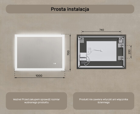 Prostokątne lustro do łazienki z oświetleniem LED 100x70cm z Dual color, Włącznik dotykowy, Mata grzewcza #8