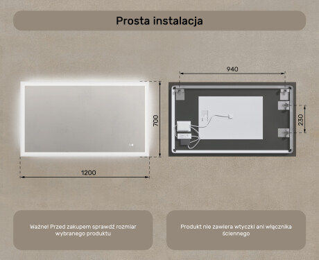 Prostokątne lustro do łazienki podświetlane LED 120x70cm z Dual color, Włącznik dotykowy, Mata grzewcza #8