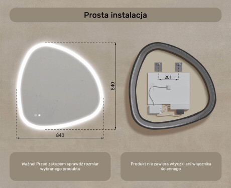 Lustro nieregularne z podświetleniem, 84×84 cm, Dual color, włącznik dotykowy, mata grzewcza #8