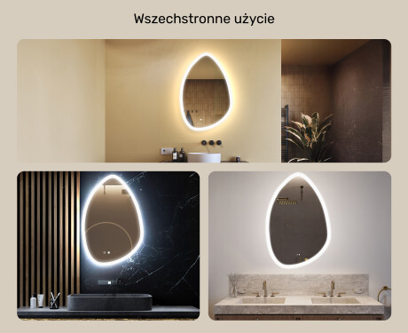 Lustro nieregularne z podświetleniem, 64×94 cm, Dual color, włącznik dotykowy, mata grzewcza #2