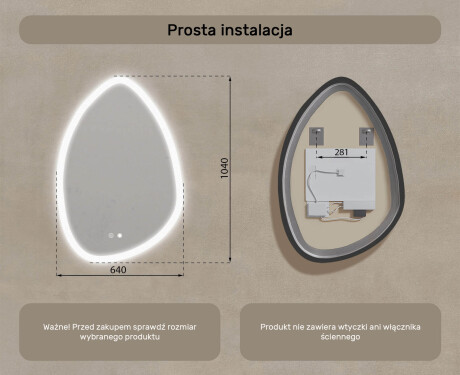 Lustro nieregularne z podświetleniem, 64×94 cm, Dual color, włącznik dotykowy, mata grzewcza #8