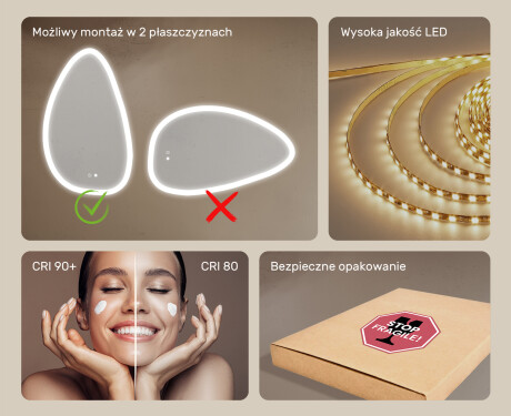 Lustro nieregularne z podświetleniem, 64×104 cm, Dual color, włącznik dotykowy, mata grzewcza #6