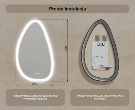 Lustro nieregularne z podświetleniem, 64×104 cm, Dual color, włącznik dotykowy, mata grzewcza #8