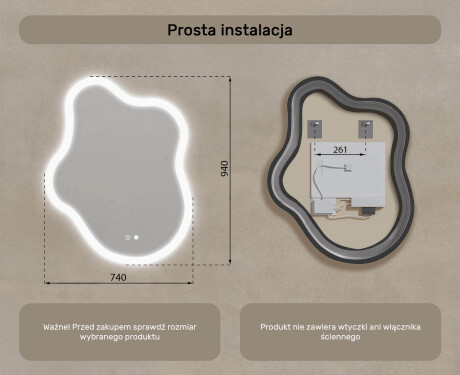 Lustro nieregularne z podświetleniem, 74×94 cm, Dual color, włącznik dotykowy, mata grzewcza #8