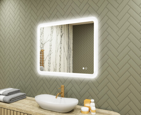 Zaokrąglone lustro do łazienki z oświetleniem LED, 80×60 cm, Dual color, włącznik dotykowy, mata grzewcza