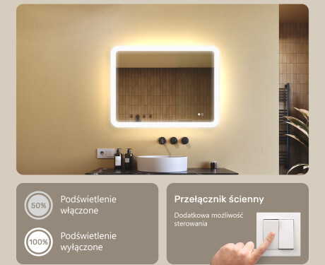 Zaokrąglone lustro do łazienki z oświetleniem LED, 80×60 cm, Dual color, włącznik dotykowy, mata grzewcza #4
