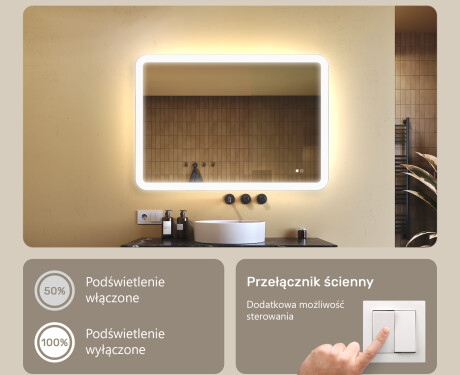 Zaokrąglone lustro do łazienki z oświetleniem LED, 100×70 cm, Dual color, włącznik dotykowy, mata grzewcza #4
