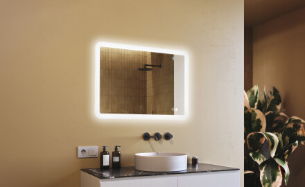 Zaokrąglone lustro do łazienki z oświetleniem LED, 100×70 cm, Dual color, włącznik dotykowy, mata grzewcza