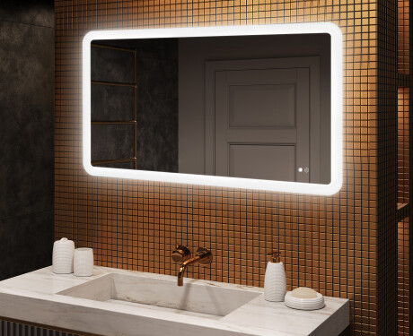 Zaokrąglone lustro do łazienki z oświetleniem LED, 120×70 cm, Dual color, włącznik dotykowy, mata grzewcza