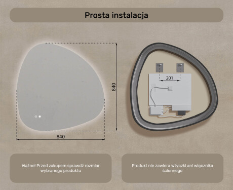 Lustro nieregularne z podświetleniem, 84×84 cm, Dual color, włącznik dotykowy, mata grzewcza #8