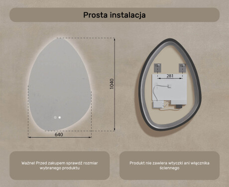 Lustro nieregularne z podświetleniem, 64×94 cm, Dual color, włącznik dotykowy, mata grzewcza #8