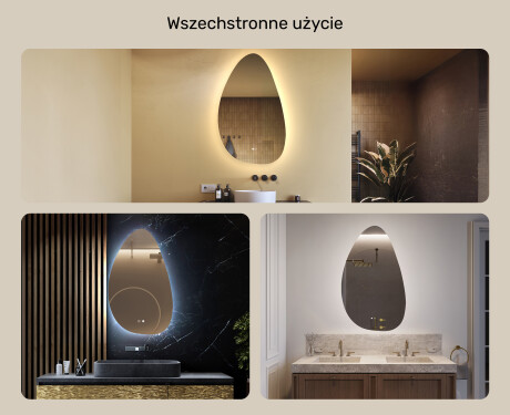 Lustro nieregularne z podświetleniem, 64×104 cm, Dual color, włącznik dotykowy, mata grzewcza #2