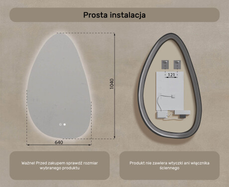 Lustro nieregularne z podświetleniem, 64×104 cm, Dual color, włącznik dotykowy, mata grzewcza #8
