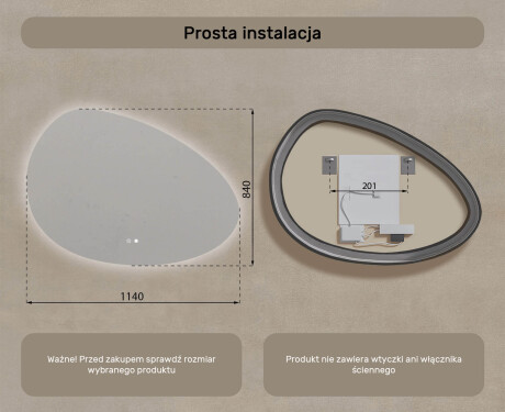 Lustro nieregularne z podświetleniem, 114×84 cm, Dual color, włącznik dotykowy, mata grzewcza #8