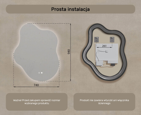 Lustro nieregularne z podświetleniem, 74×94 cm, Dual color, włącznik dotykowy, mata grzewcza #8