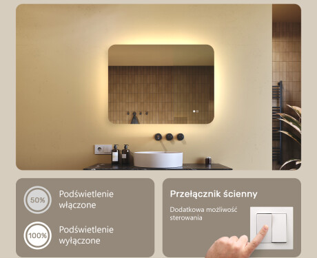Zaokrąglone lustro do łazienki z oświetleniem LED, 80×60 cm, Dual color, włącznik dotykowy, mata grzewcza #4