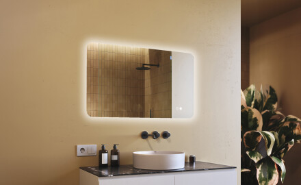Zaokrąglone lustro do łazienki z oświetleniem LED, 120×70 cm, Dual color, włącznik dotykowy, mata grzewcza