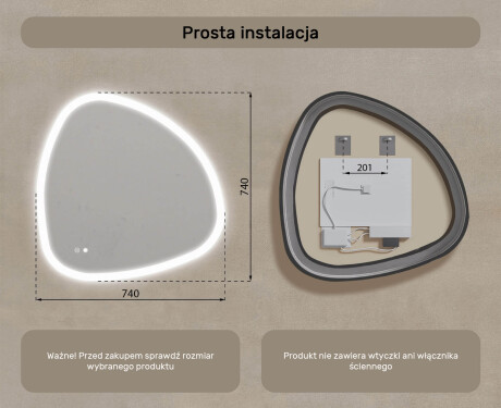 Lustro nieregularne z podświetleniem, 74×74 cm, Dual color, włącznik dotykowy, mata grzewcza #8