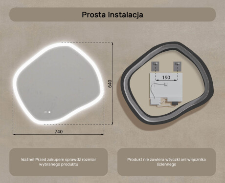 Lustro łazienkowe z podświetleniem, 74×64 cm, podwójna barwa światła, włącznik dotykowy, mata grzewcza #8