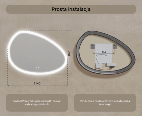 Lustro nieregularne z podświetleniem, 114×84 cm, Dual color, włącznik dotykowy, mata grzewcza #8