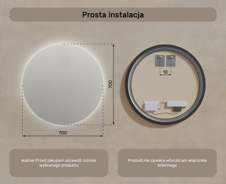 Okrągłe Lustro Łazienkowe Podświetlane 70cm z zimną barwą LED 7000K, ciepłą barwą 3000K lub barwą neutralną 4500K #7