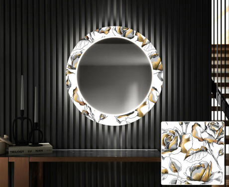 Okrągłe podświetlane lustro dekoracyjne LED do przedpokoju - Golden Flowers #1
