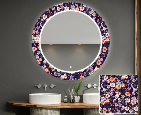 Okrągłe podświetlane lustro dekoracyjne LED do łazienki - Elegant Flowers