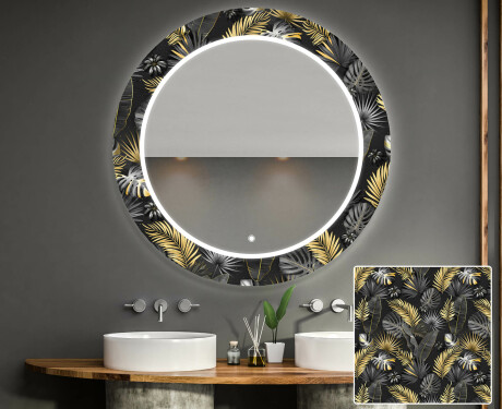 Okrągłe podświetlane lustro dekoracyjne LED do łazienki - Goldy Palm