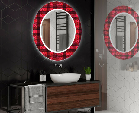 Okrągłe podświetlane lustro dekoracyjne LED do łazienki - Red Mosaic #2