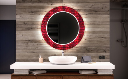 Okrągłe podświetlane lustro dekoracyjne LED do łazienki - Red Mosaic