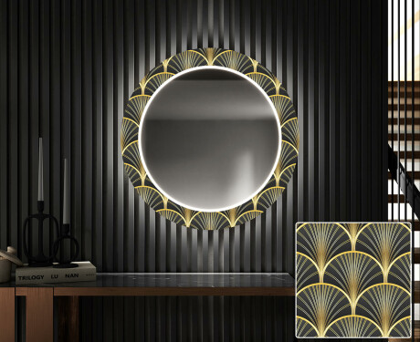 Okrągłe podświetlane lustro dekoracyjne LED do przedpokoju - Art Deco