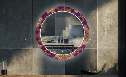 Okrągłe podświetlane lustro dekoracyjne LED do salonu - Gold Mandala