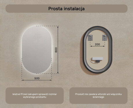 Lustro Łazienkowe Podświetlane 50x80cm z zimną barwą LED 7000K, ciepłą barwą 3000K lub barwą neutralną 4500K #7